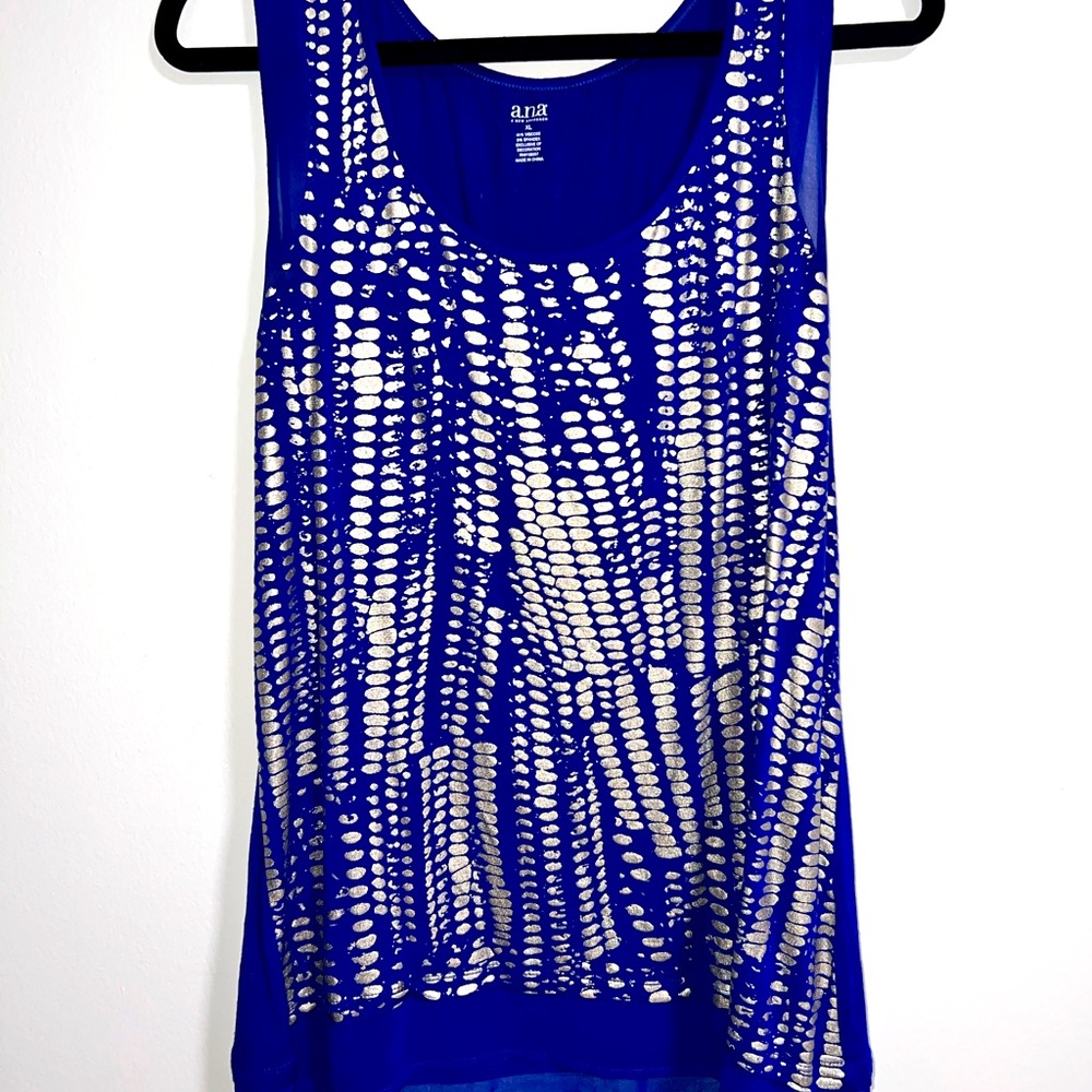 Royal blue tank with metallic silver print.